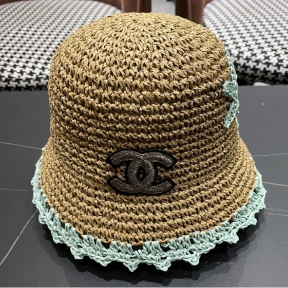 Chanel Kids Straw Hat with Black and Mint Accents